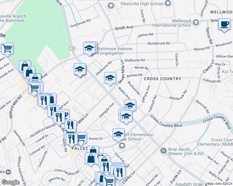 map of restaurants, bars, coffee shops, grocery stores, and more near 7121 Park Heights Avenue in Baltimore