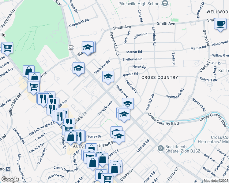 map of restaurants, bars, coffee shops, grocery stores, and more near 7121 Park Heights Avenue in Baltimore