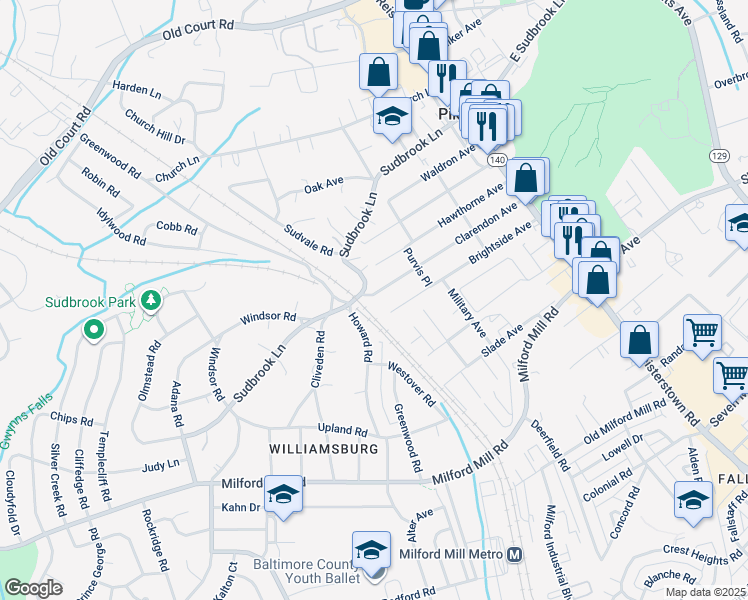 map of restaurants, bars, coffee shops, grocery stores, and more near 227 Clarendon Avenue in Pikesville