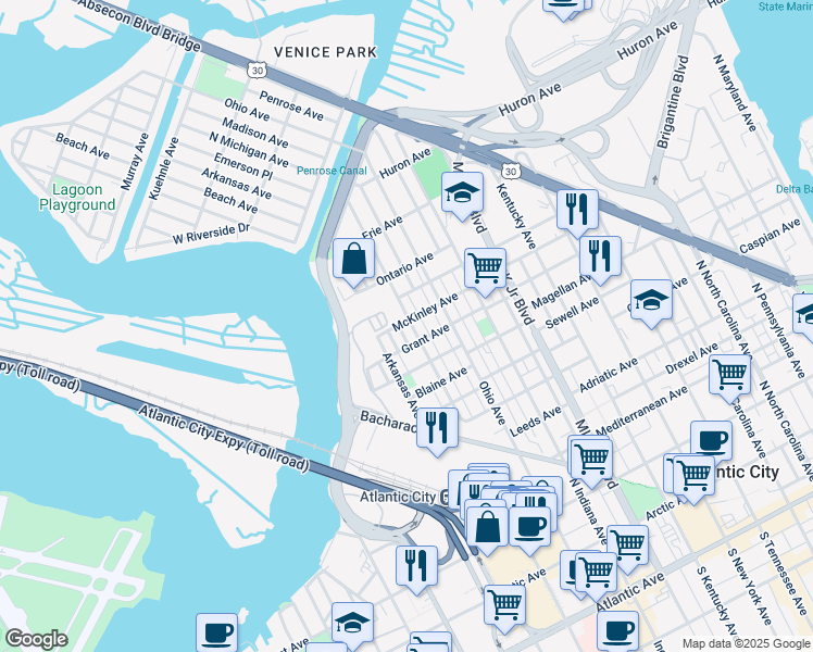 map of restaurants, bars, coffee shops, grocery stores, and more near 2017 Grant Avenue in Atlantic City