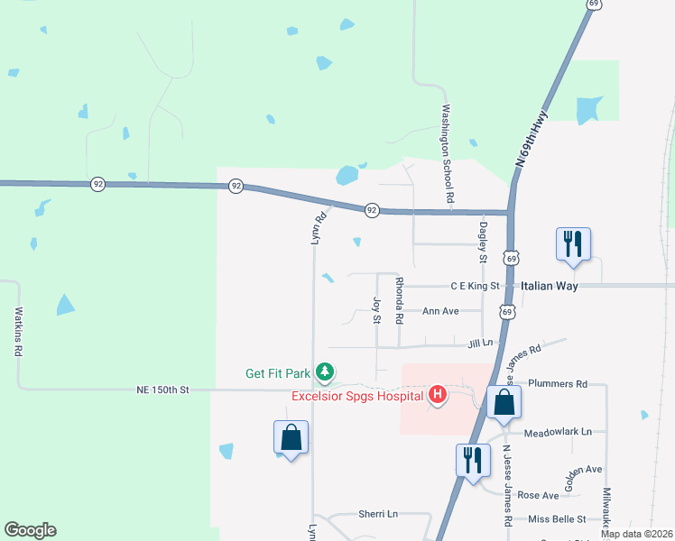 map of restaurants, bars, coffee shops, grocery stores, and more near 2117 Lynn Road in Excelsior Springs
