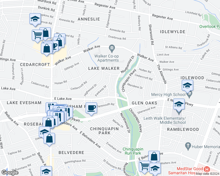 map of restaurants, bars, coffee shops, grocery stores, and more near 6115 Maylane Drive in Baltimore