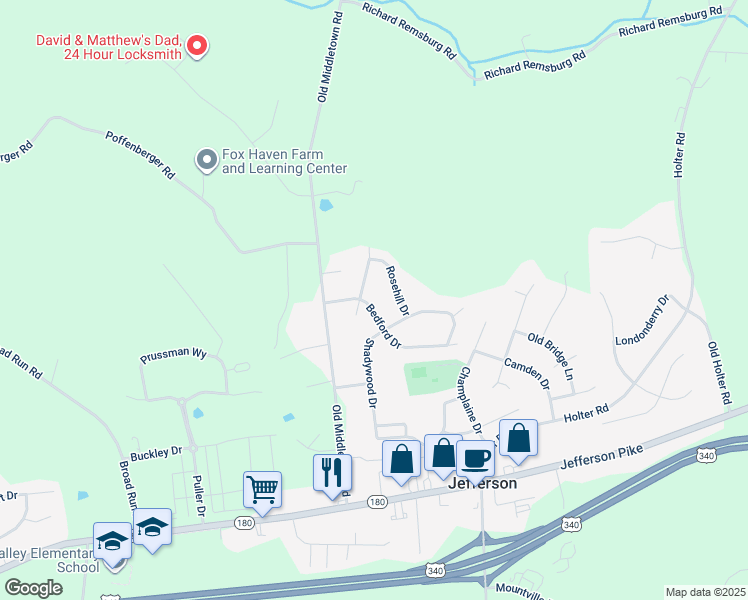 map of restaurants, bars, coffee shops, grocery stores, and more near 3804 Bedford Drive in Jefferson