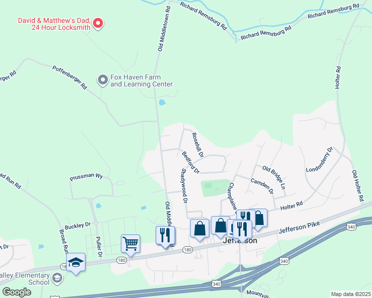 map of restaurants, bars, coffee shops, grocery stores, and more near 3804 Bedford Drive in Jefferson