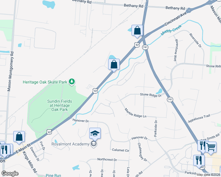 map of restaurants, bars, coffee shops, grocery stores, and more near 4500 U.S. 42 in Mason