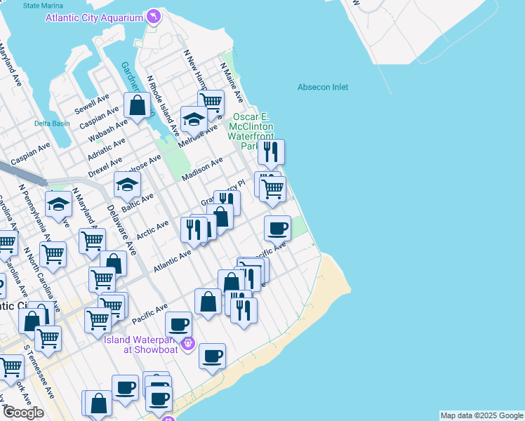 map of restaurants, bars, coffee shops, grocery stores, and more near 10 Belle Haven Court in Atlantic City
