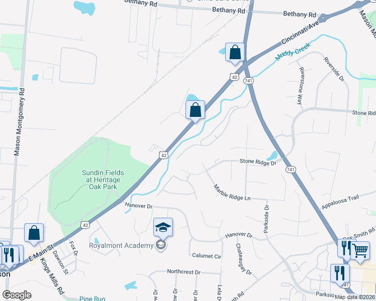 map of restaurants, bars, coffee shops, grocery stores, and more near 4500 U.S. 42 in Mason