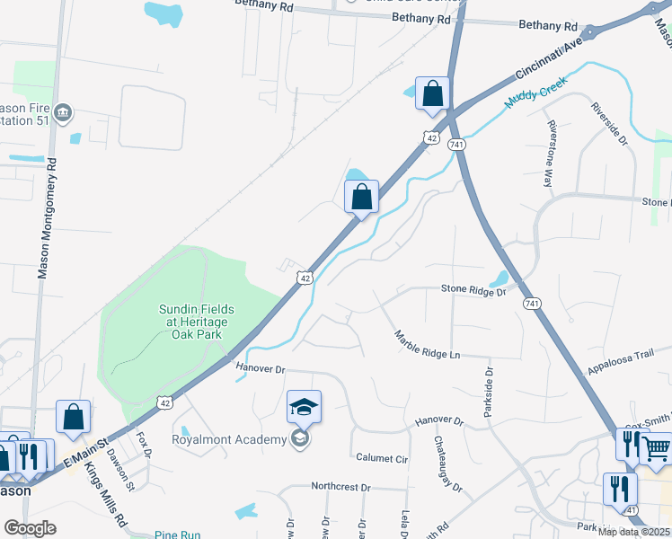 map of restaurants, bars, coffee shops, grocery stores, and more near 4500 U.S. 42 in Mason