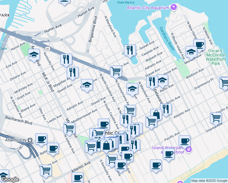 map of restaurants, bars, coffee shops, grocery stores, and more near 306 North North Carolina Avenue in Atlantic City