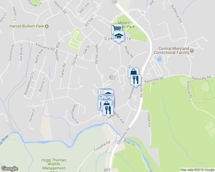 map of restaurants, bars, coffee shops, grocery stores, and more near 707 Wilson Avenue in Sykesville
