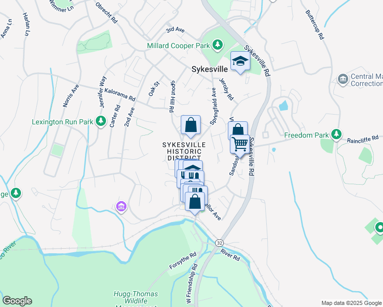 map of restaurants, bars, coffee shops, grocery stores, and more near 707 Wilson Avenue in Sykesville