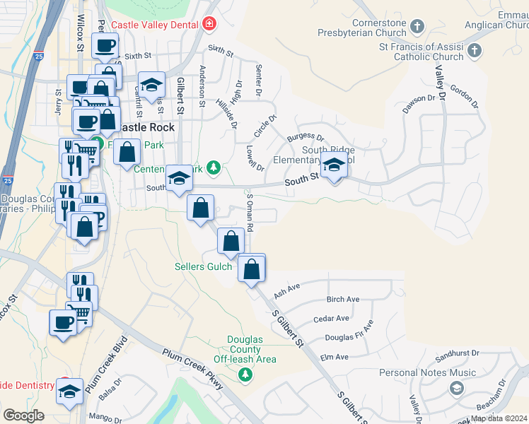 map of restaurants, bars, coffee shops, grocery stores, and more near 226 Oman Road in Castle Rock