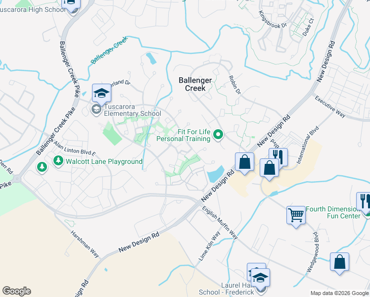 map of restaurants, bars, coffee shops, grocery stores, and more near 6642 McGrath Place in Frederick