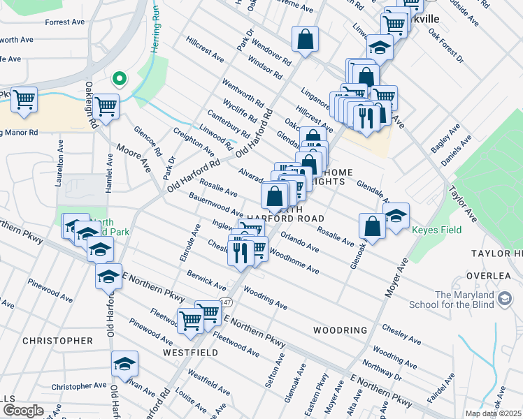 map of restaurants, bars, coffee shops, grocery stores, and more near 2913 Rosalie Avenue in Baltimore