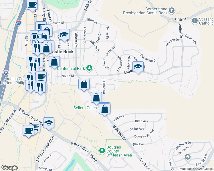 map of restaurants, bars, coffee shops, grocery stores, and more near 912 South Street in Castle Rock