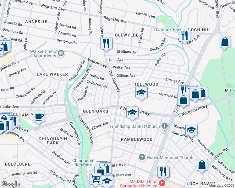 map of restaurants, bars, coffee shops, grocery stores, and more near 6122 The Alameda in Baltimore