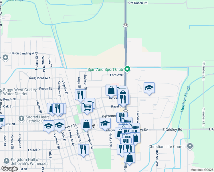 map of restaurants, bars, coffee shops, grocery stores, and more near 295 Ford Avenue in Gridley