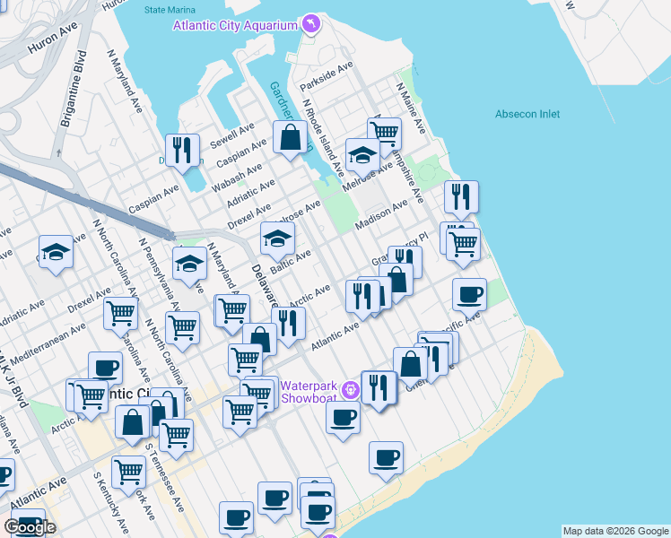 map of restaurants, bars, coffee shops, grocery stores, and more near 522 Madison Avenue in Atlantic City