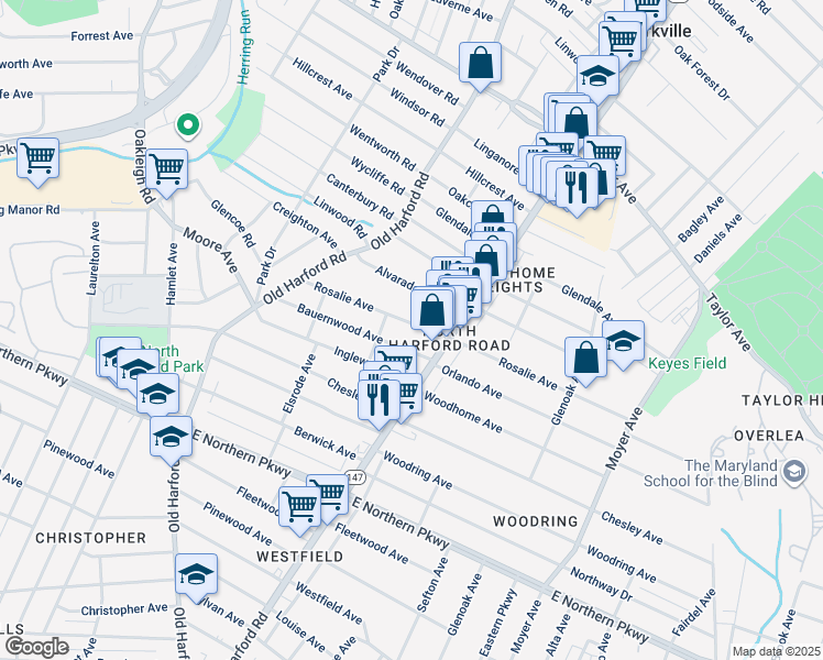 map of restaurants, bars, coffee shops, grocery stores, and more near 2913 Rosalie Avenue in Baltimore