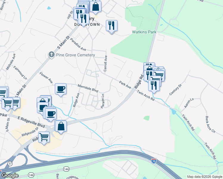 map of restaurants, bars, coffee shops, grocery stores, and more near 606 Merridale Boulevard in Mount Airy