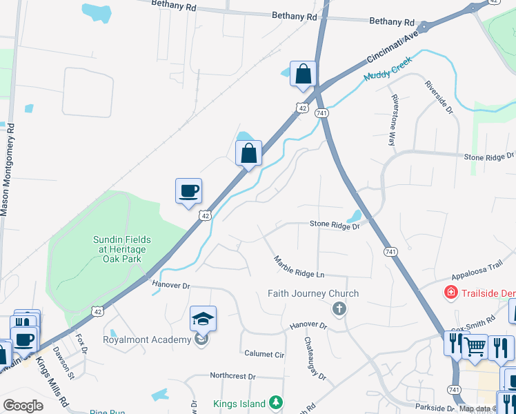 map of restaurants, bars, coffee shops, grocery stores, and more near 4233 Spyglass Hill in Mason