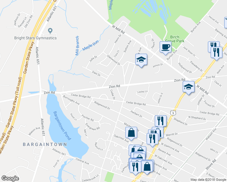 map of restaurants, bars, coffee shops, grocery stores, and more near 8 Cedar Drive in Northfield
