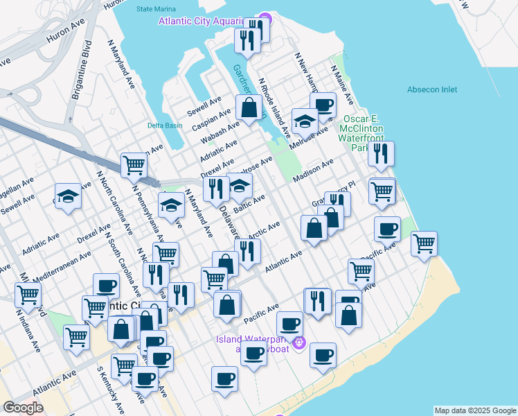 map of restaurants, bars, coffee shops, grocery stores, and more near 640 Lexington Avenue in Atlantic City