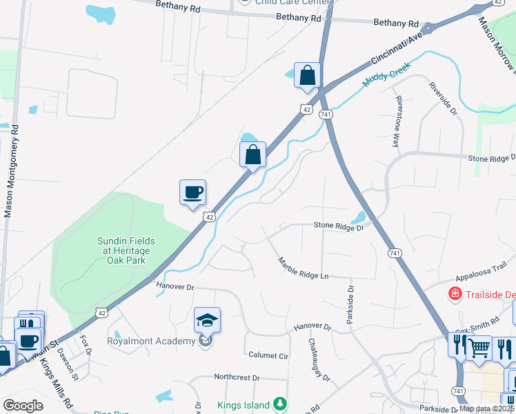 map of restaurants, bars, coffee shops, grocery stores, and more near 4249 Spyglass Hill in Mason