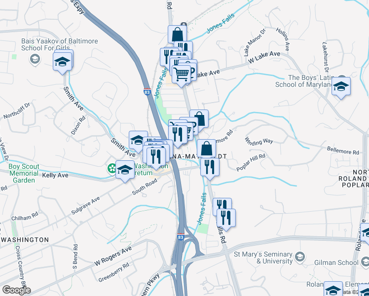 map of restaurants, bars, coffee shops, grocery stores, and more near 1330 Smith Avenue in Baltimore