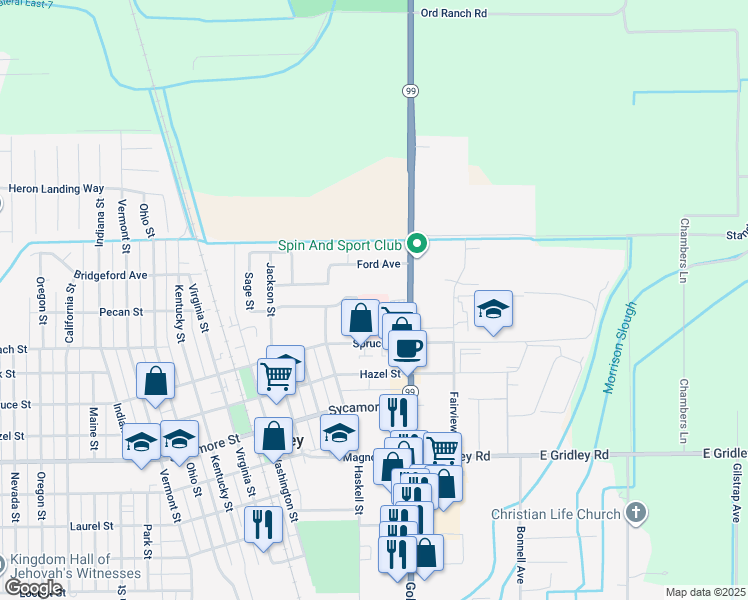 map of restaurants, bars, coffee shops, grocery stores, and more near 1751 Golden State Highway in Gridley