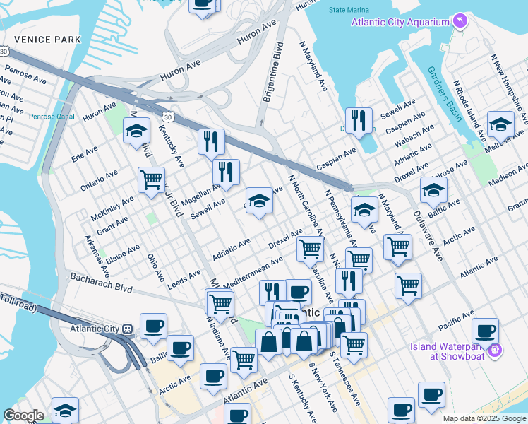 map of restaurants, bars, coffee shops, grocery stores, and more near 410 North South Carolina Avenue in Atlantic City