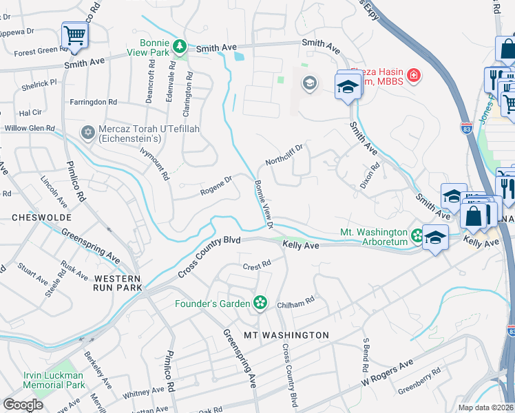 map of restaurants, bars, coffee shops, grocery stores, and more near 4701 Greenspring Avenue in Baltimore