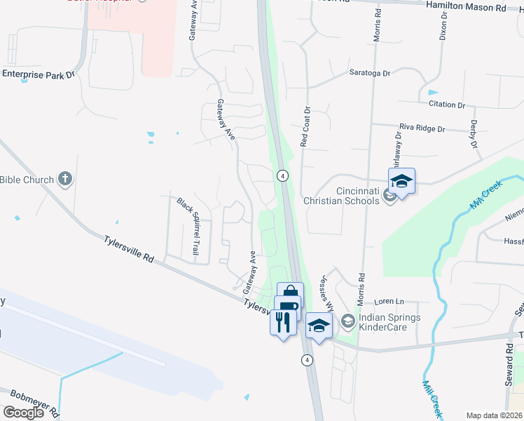 map of restaurants, bars, coffee shops, grocery stores, and more near 7610 Shadow Creek Drive in Hamilton