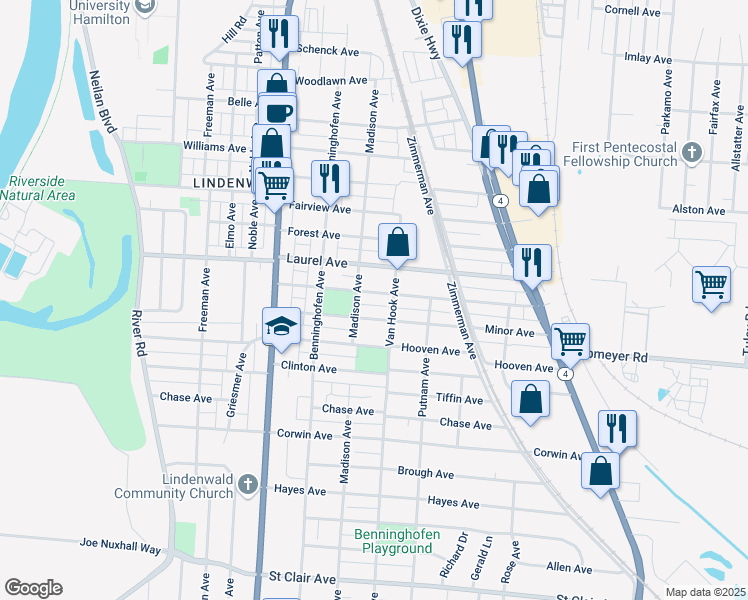 map of restaurants, bars, coffee shops, grocery stores, and more near 808 Weller Avenue in Hamilton
