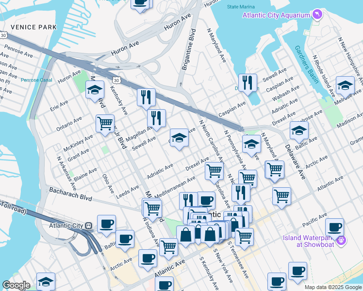 map of restaurants, bars, coffee shops, grocery stores, and more near 429 North Tennessee Avenue in Atlantic City