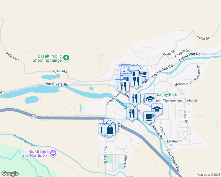 map of restaurants, bars, coffee shops, grocery stores, and more near 22842 Two Rivers Road in Basalt