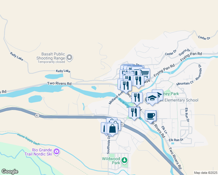 map of restaurants, bars, coffee shops, grocery stores, and more near 22837-22841 2 Rivers Road in Basalt