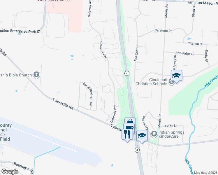 map of restaurants, bars, coffee shops, grocery stores, and more near 7610 Shadow Creek Drive in Hamilton
