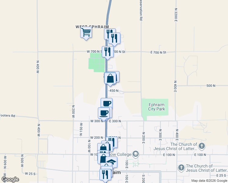 map of restaurants, bars, coffee shops, grocery stores, and more near 462 North Main Street in Ephraim