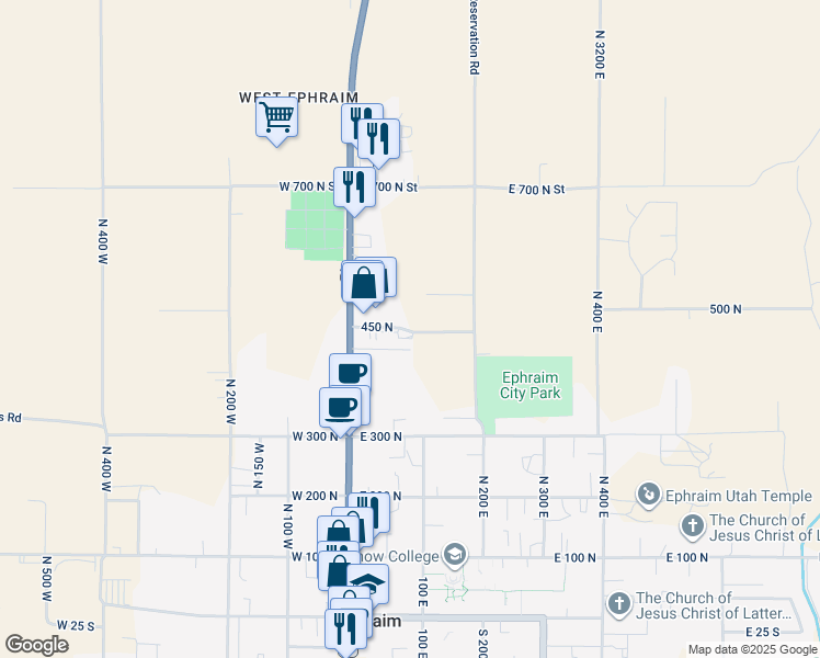 map of restaurants, bars, coffee shops, grocery stores, and more near 93 450 North in Ephraim