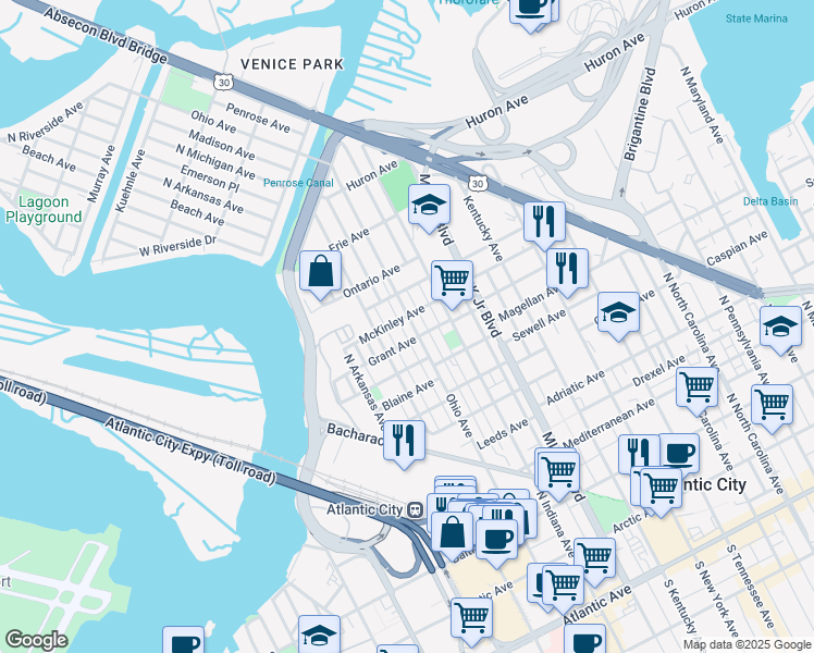 map of restaurants, bars, coffee shops, grocery stores, and more near in Atlantic City