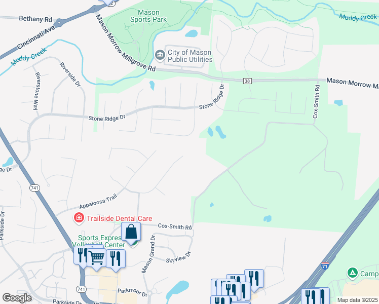map of restaurants, bars, coffee shops, grocery stores, and more near 3070 Palomino Trail in Mason
