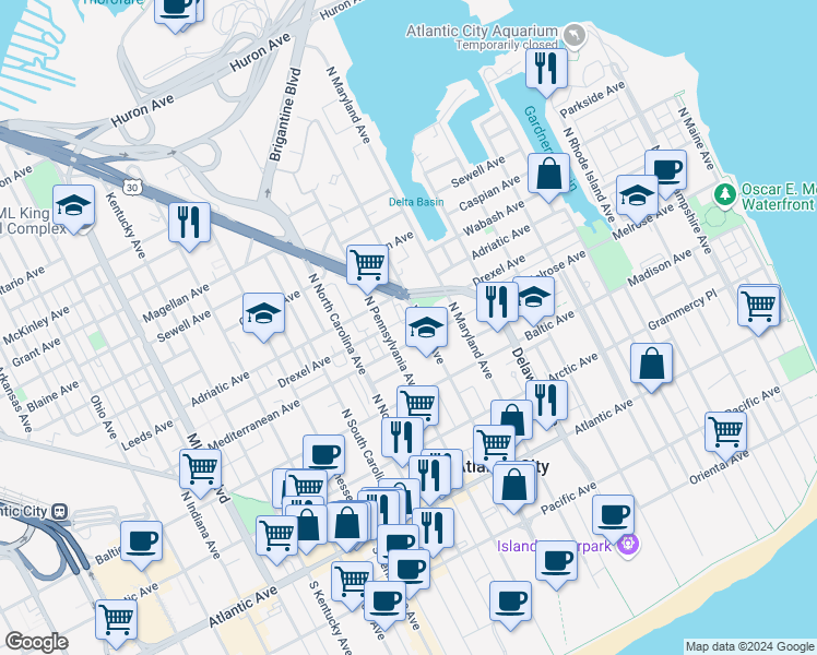 map of restaurants, bars, coffee shops, grocery stores, and more near 1010 Drexel Avenue in Atlantic City