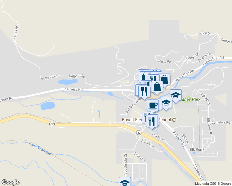 map of restaurants, bars, coffee shops, grocery stores, and more near 22826 2 Rivers Road in Basalt