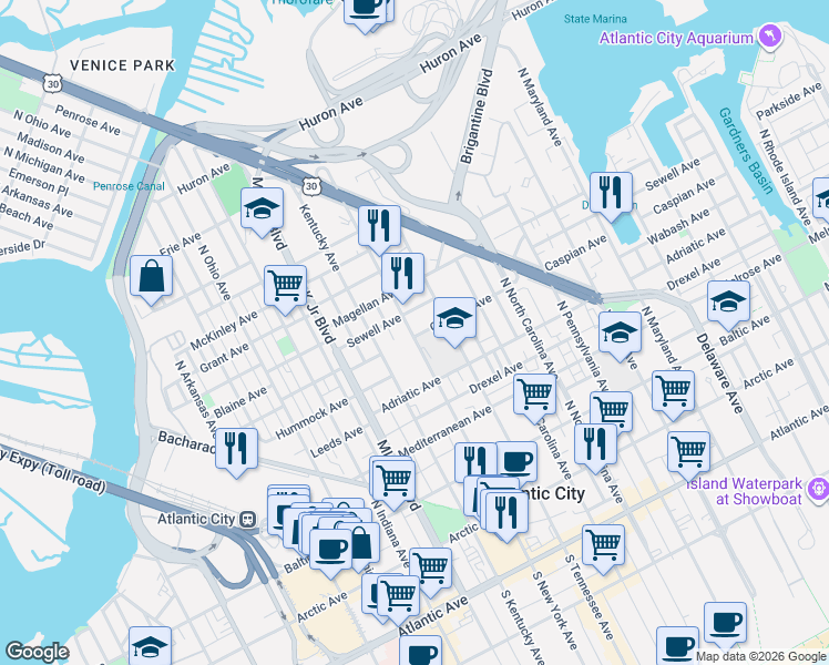 map of restaurants, bars, coffee shops, grocery stores, and more near 638 North New York Avenue in Atlantic City