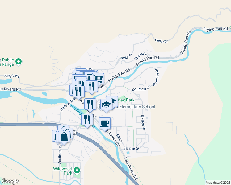 map of restaurants, bars, coffee shops, grocery stores, and more near 135 Riverside Drive in Basalt