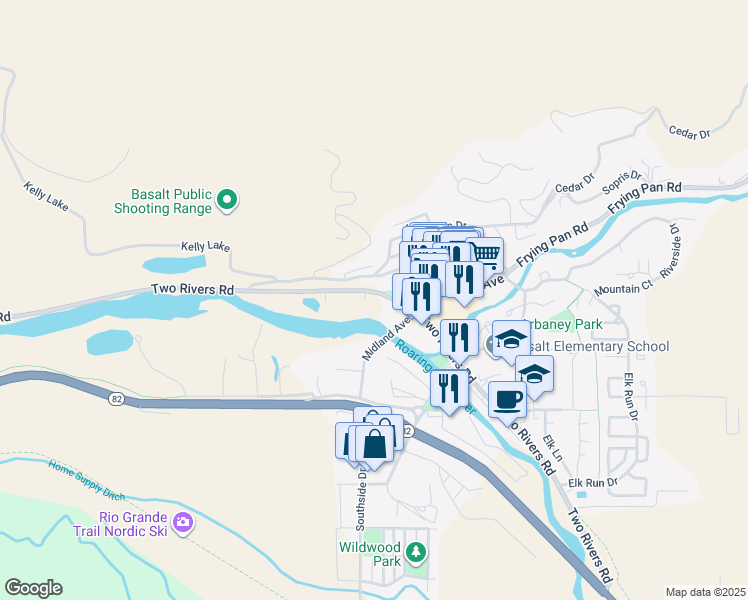 map of restaurants, bars, coffee shops, grocery stores, and more near 22860 Two Rivers Road in Basalt
