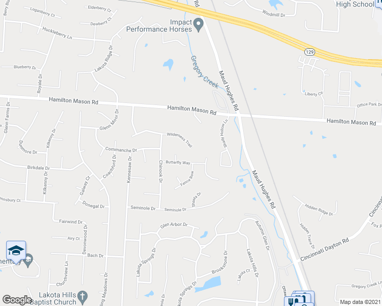 map of restaurants, bars, coffee shops, grocery stores, and more near 6551 Wilderness Trail in Butler County