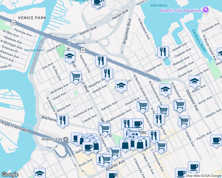 map of restaurants, bars, coffee shops, grocery stores, and more near 1418 Sewell Avenue in Atlantic City