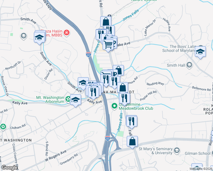 map of restaurants, bars, coffee shops, grocery stores, and more near 1340 Smith Avenue in Baltimore